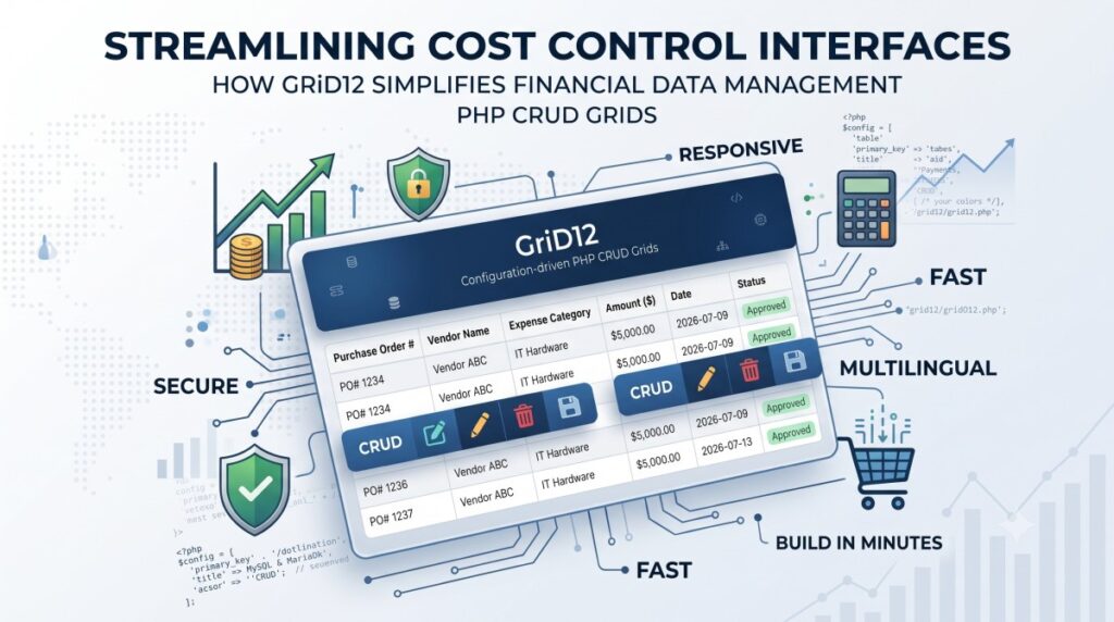 GriD12 is a lightweight, configuration-driven PHP framework designed to turn any MySQL or MariaDB table into a secure, responsive, and fully functional CRUD (Create, Read, Update, Delete) grid in minutes. If you are developing internal tools for cost tracking or looking to expand your expense management system, here is how GriD12 can accelerate your workflow.